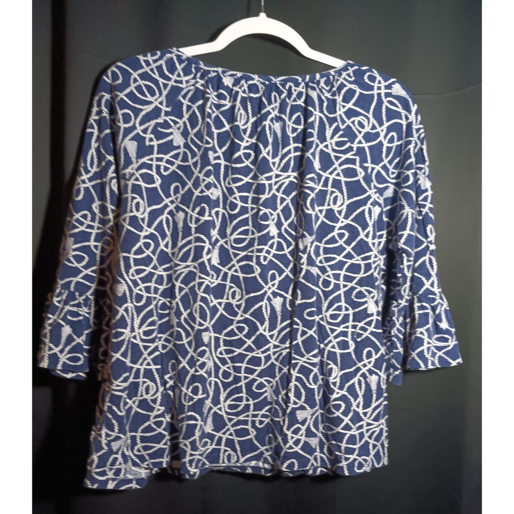 Michael Kors Blue Cotton Top Large Rope Tassel Graphic Flowy Nautical Shirt Bell - Picture 7 of 7